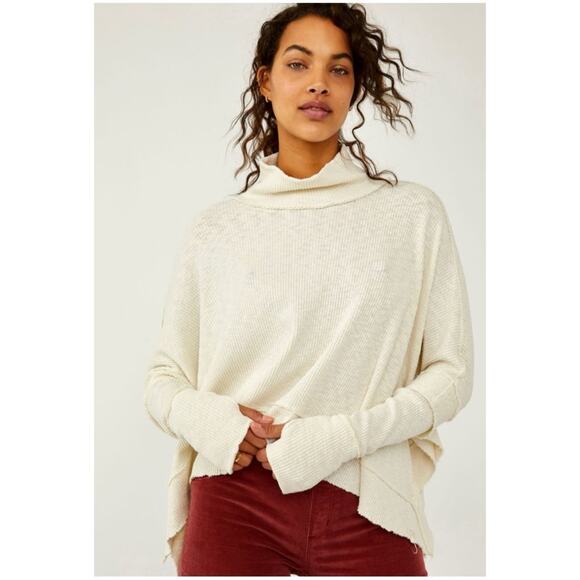 Free People We The Free Women’s Sz L Ivory Ribbed Pullover Top Moon Daisy - Picture 1 of 13